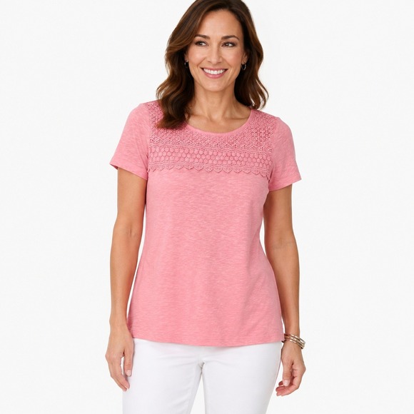Talbots Tops - Talbots Petite Pink‎ Crochet Lace Yoke Slub Cotton Tee Top SP
